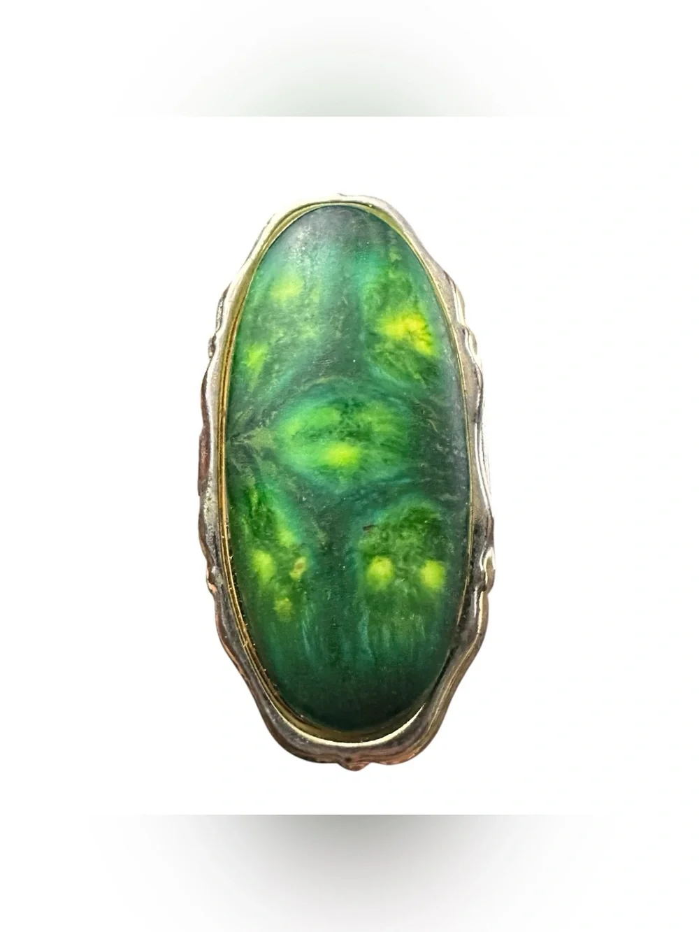 Vintage Japan Green Cabochon Statement Ring Adjustable Silver Tone Cocktail Ring
